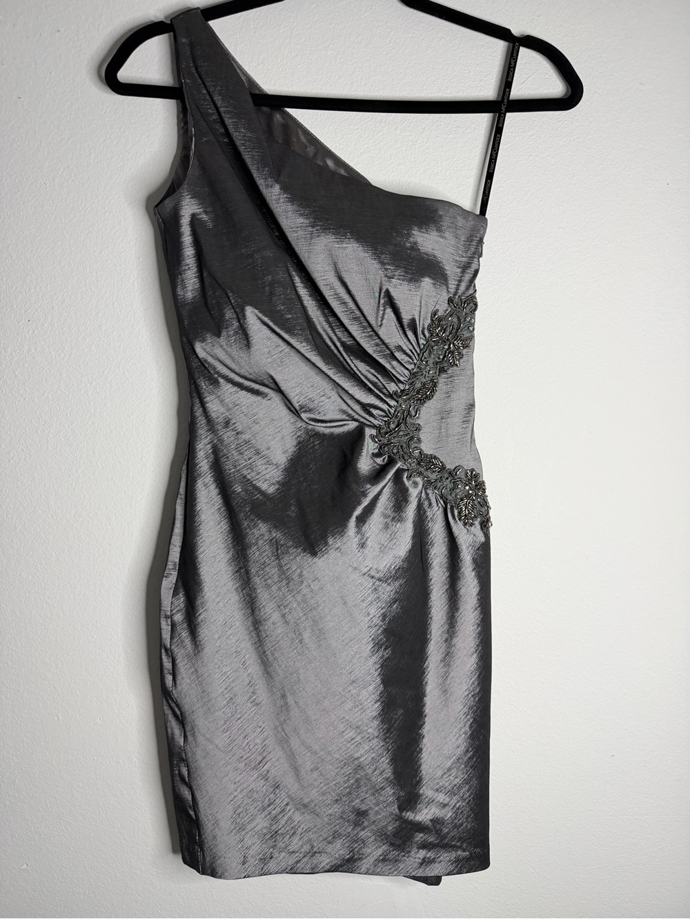 Jessica McClintock Vintage Metallic Pewter Beaded Ruched One Shoulder Dress - 2